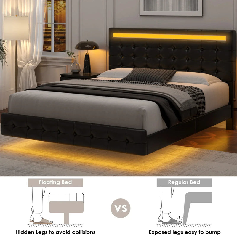 Marco De Cama Plataforma Tapizada en PU Piel Cama KING Size Cabecera LED Black