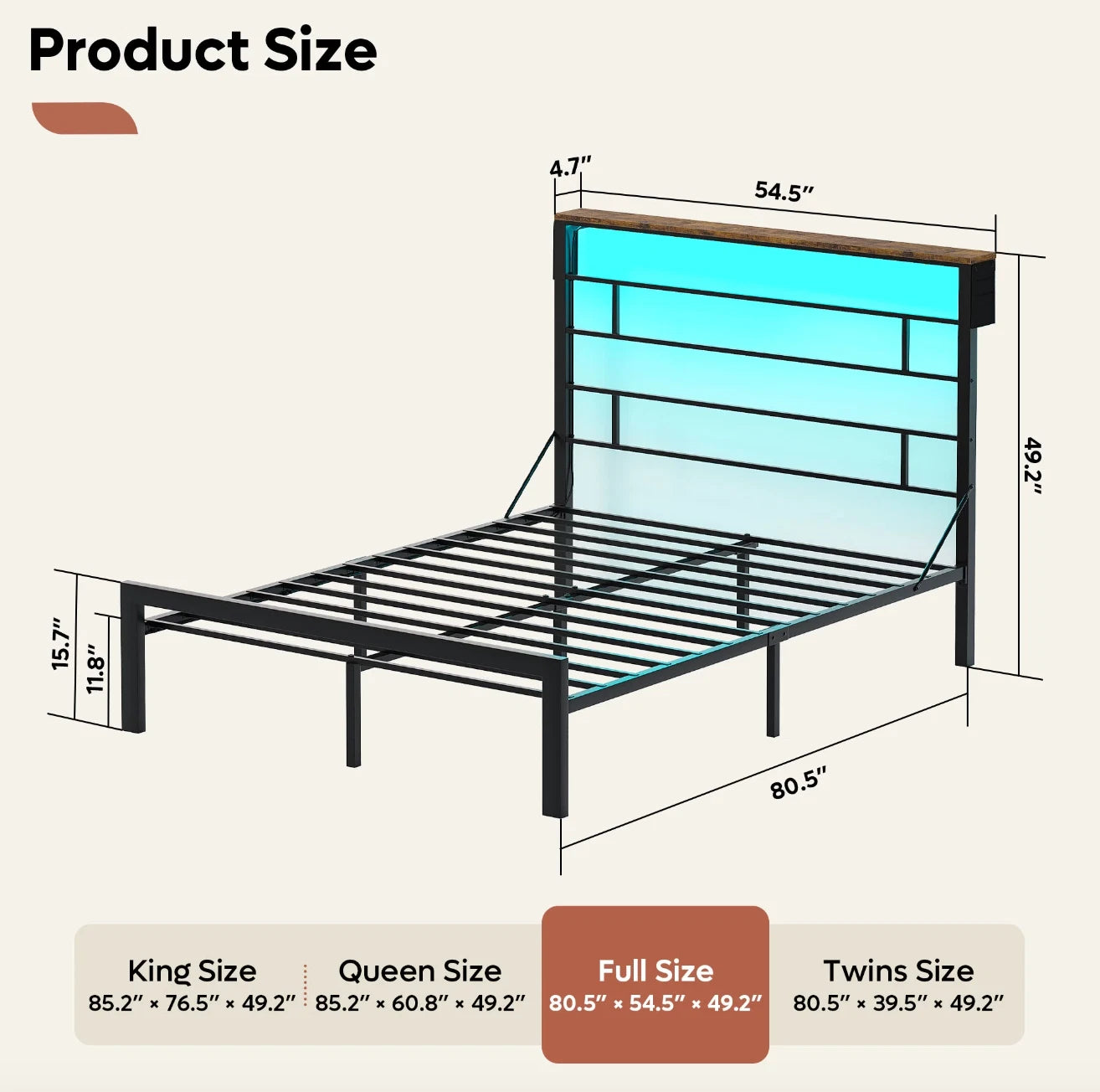 Marco De Cama Base Plataforma de Metal Cabecera LED Storage Habitacion FULL Size