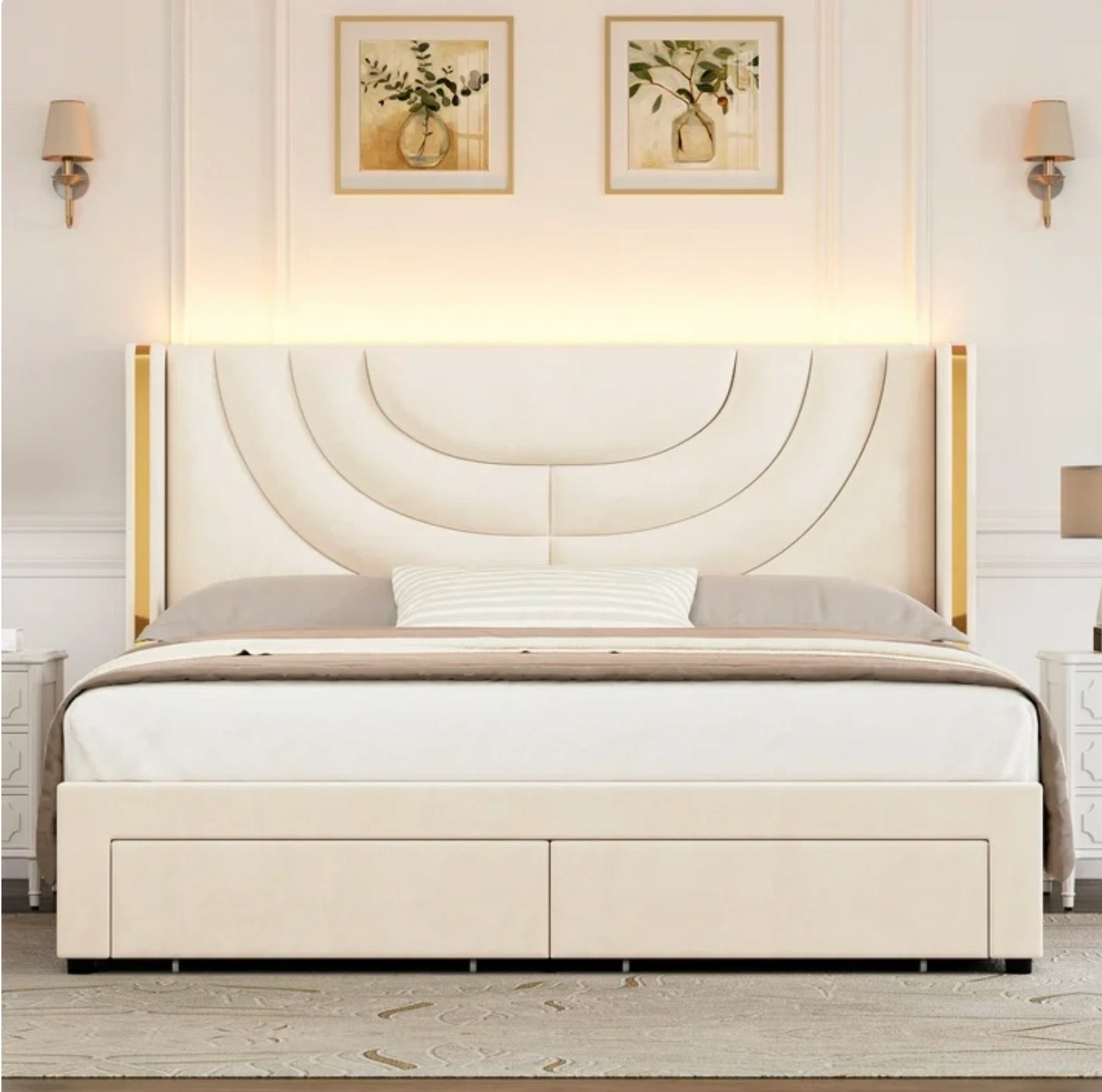 Marco De Cama Plataforma Tapizada en Terciopelo Cama King Size Cabecera LED