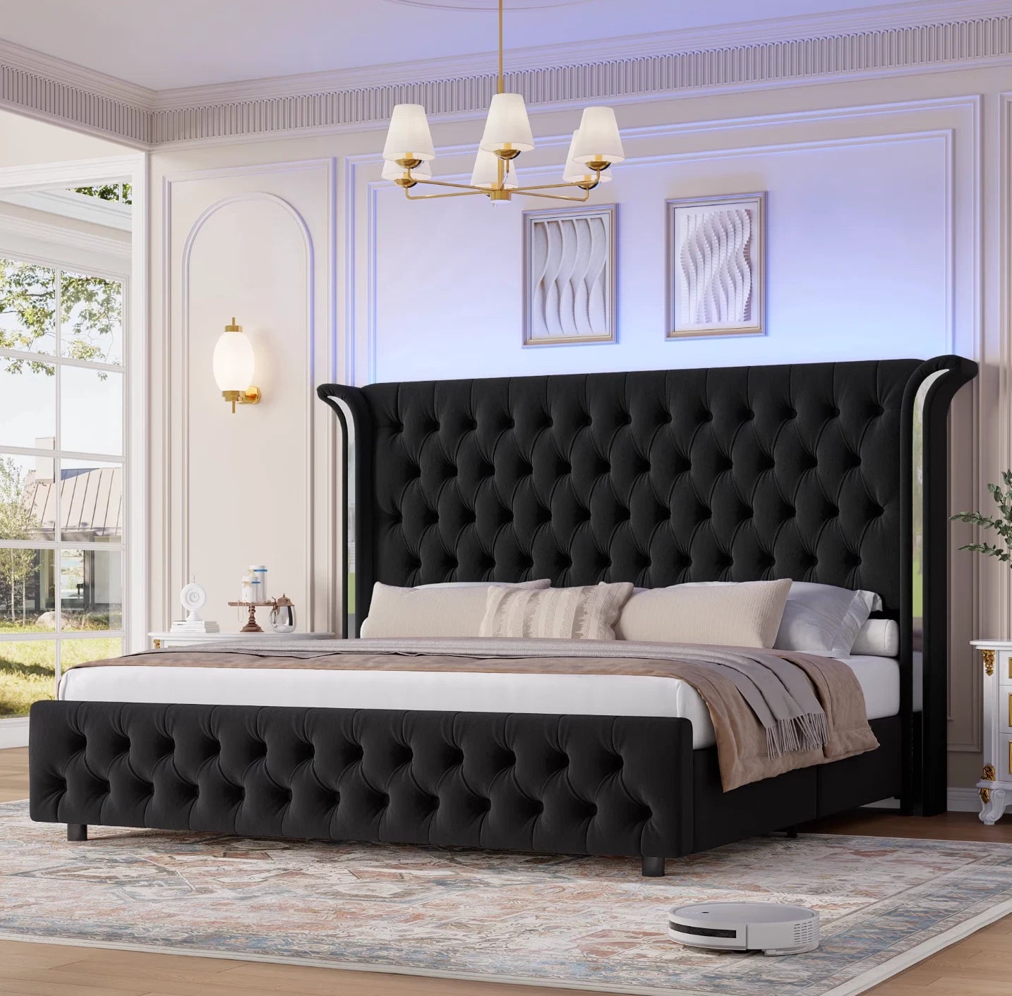 Marco De Cama King Size Plataforma Tapizada en Terciopelo Cama Cabecera LED