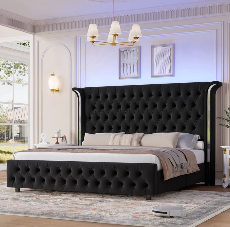 Marco De Cama King Size Plataforma Tapizada en Terciopelo Cama Cabecera LED