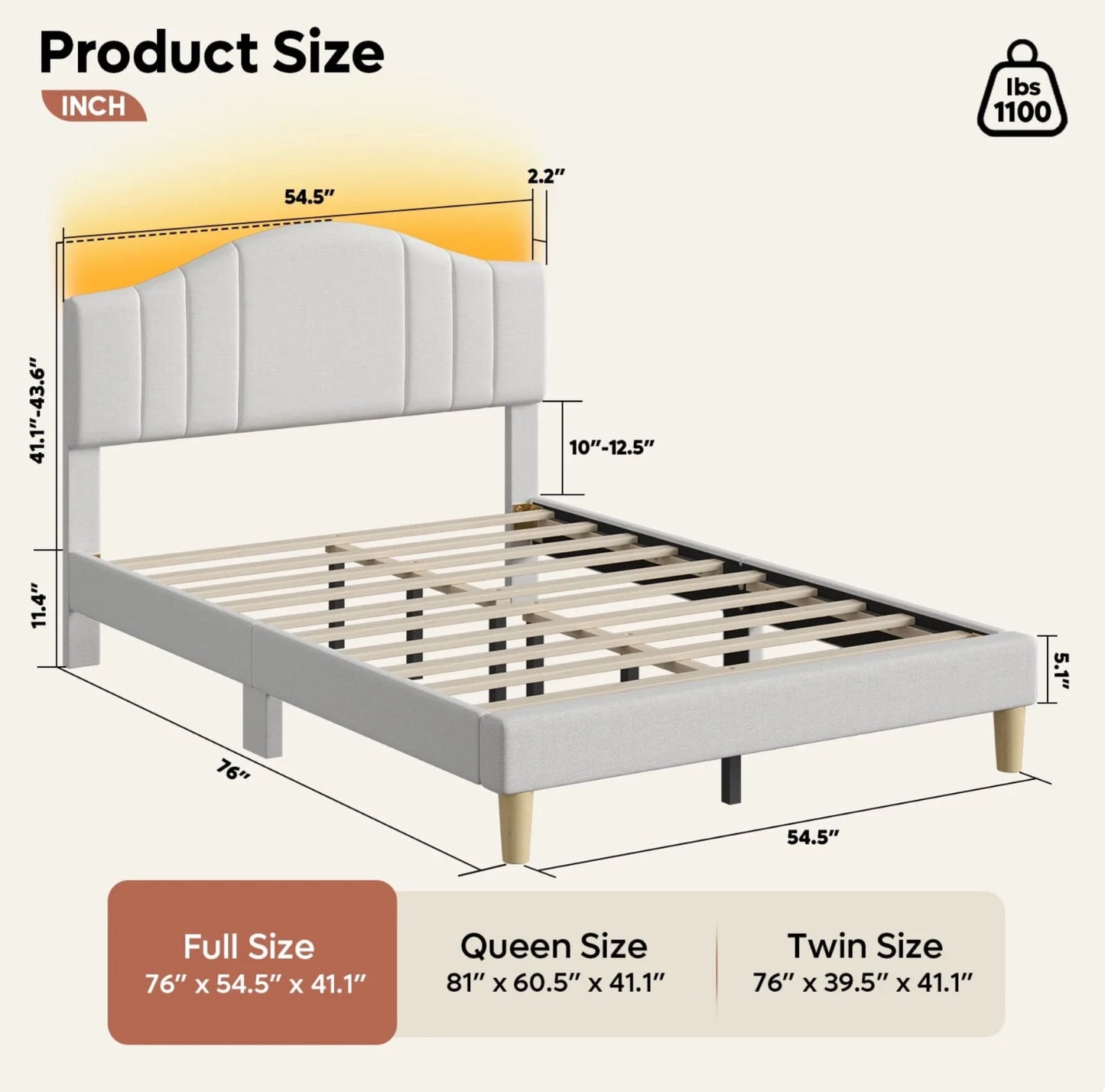 Marco De Cama Full Size Plataforma Tapizada en Terciopelo Cama Cabecera Beige