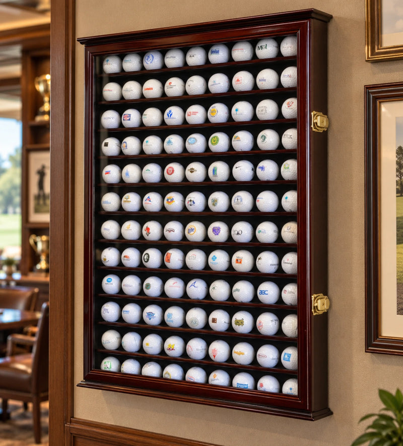 Golf Ball Display Case 108+ PGA Clubhouse Solid Wood Wall Cabinet Rack Lock Holder