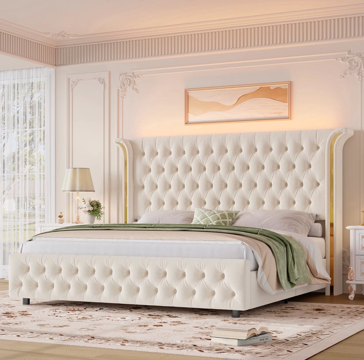 Marco De Cama King Size Plataforma Tapizada en Terciopelo Cama Cabecera LED
