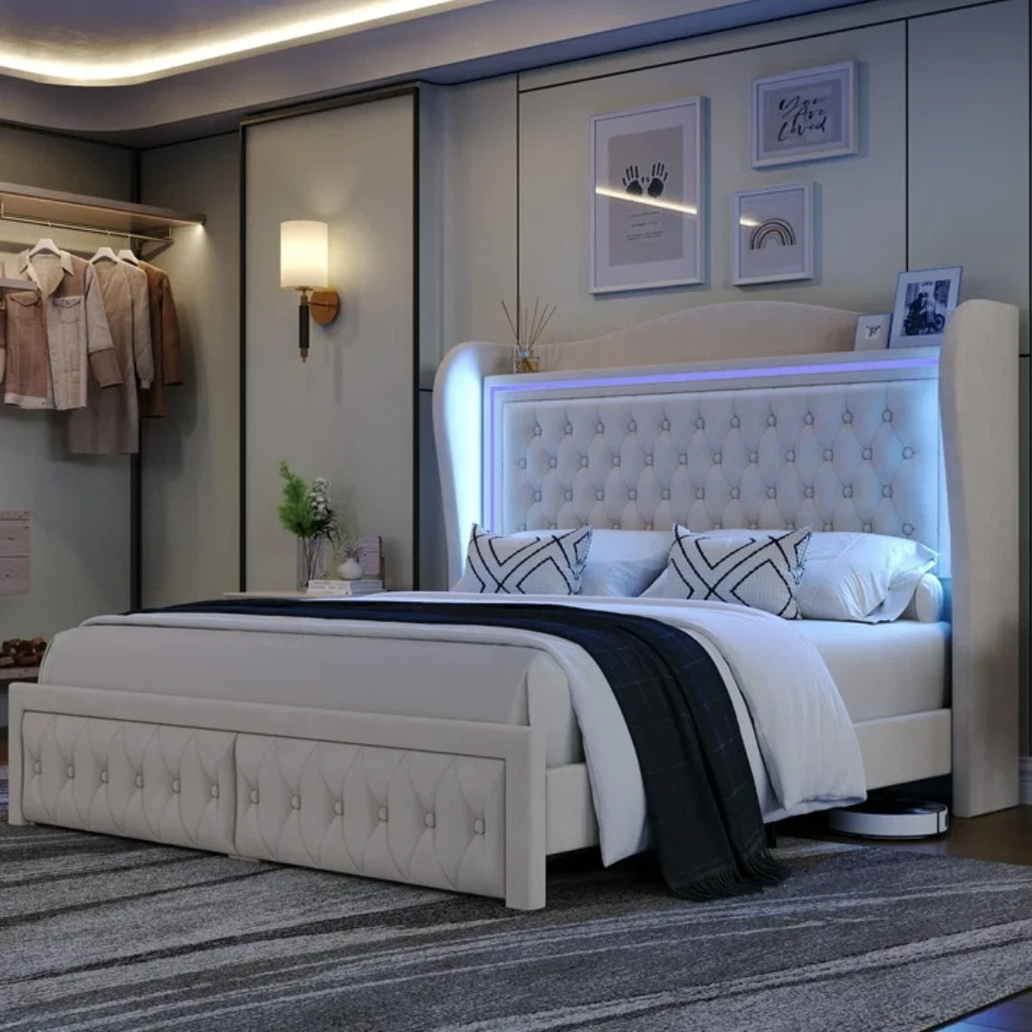 Marco De Cama Plataforma Con Almacenaje LED Luz Cabecera Tapizada Velvet Queen