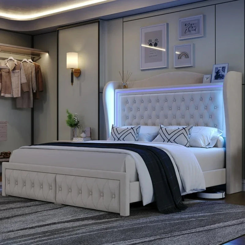 Marco De Cama Plataforma Con Almacenaje LED Luz Cabecera Tapizada Velvet Queen