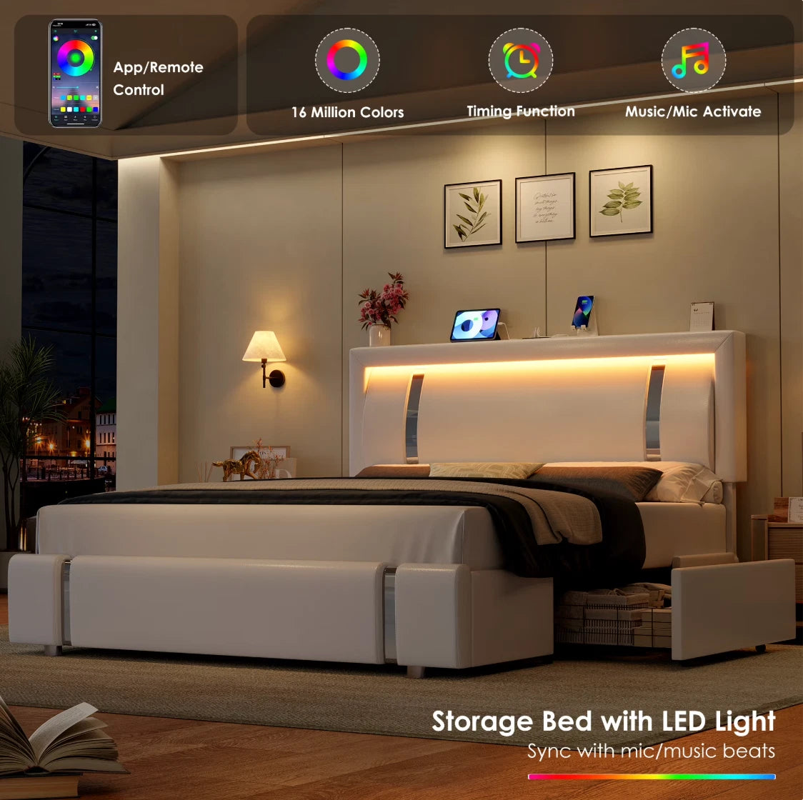 Marco De Cama Plataforma Tapizada en PU Piel Cama LED Cabecera King Size Blanca