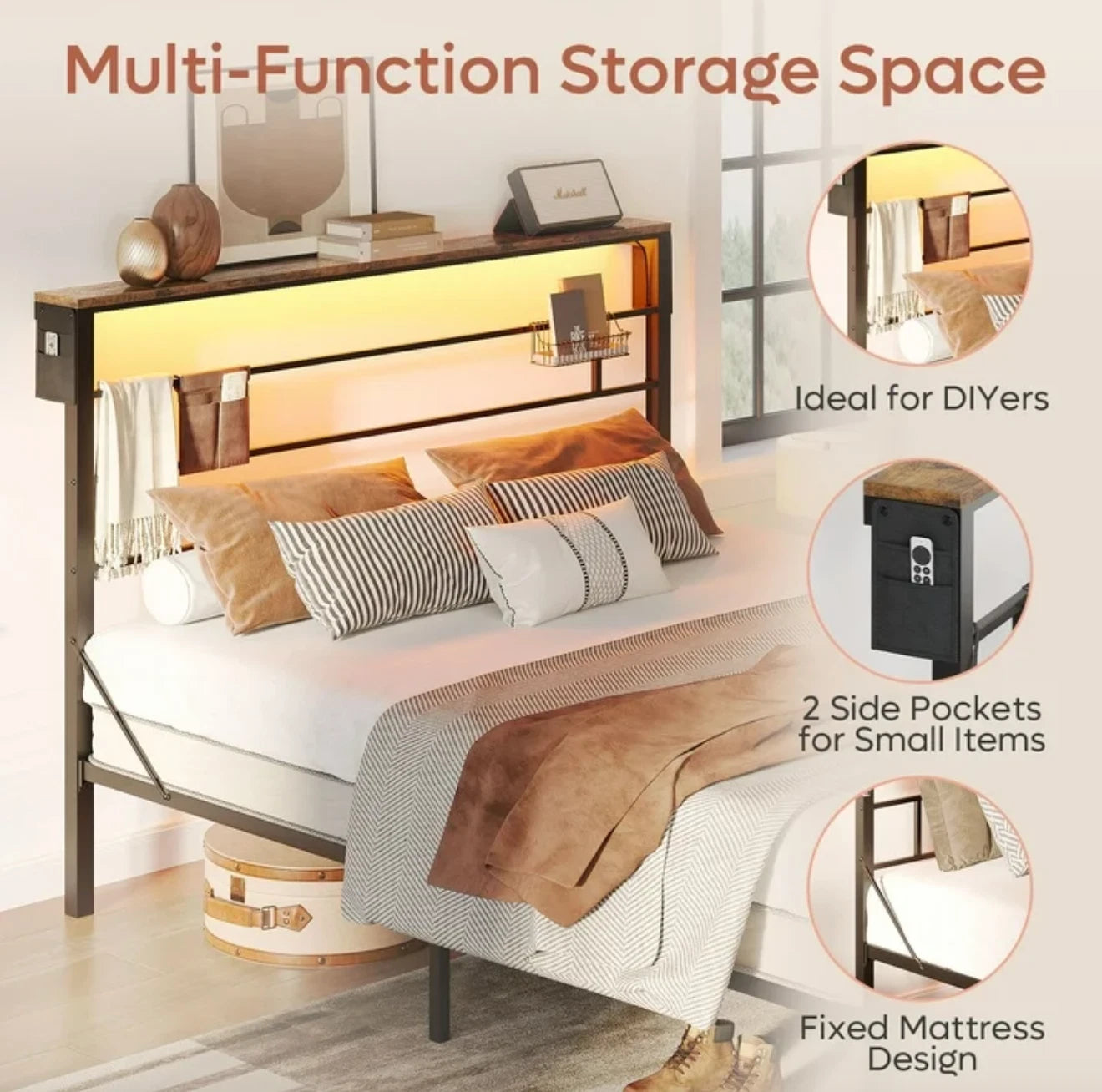Marco De Cama Base Plataforma de Metal Cabecera LED Storage Habitacion FULL Size