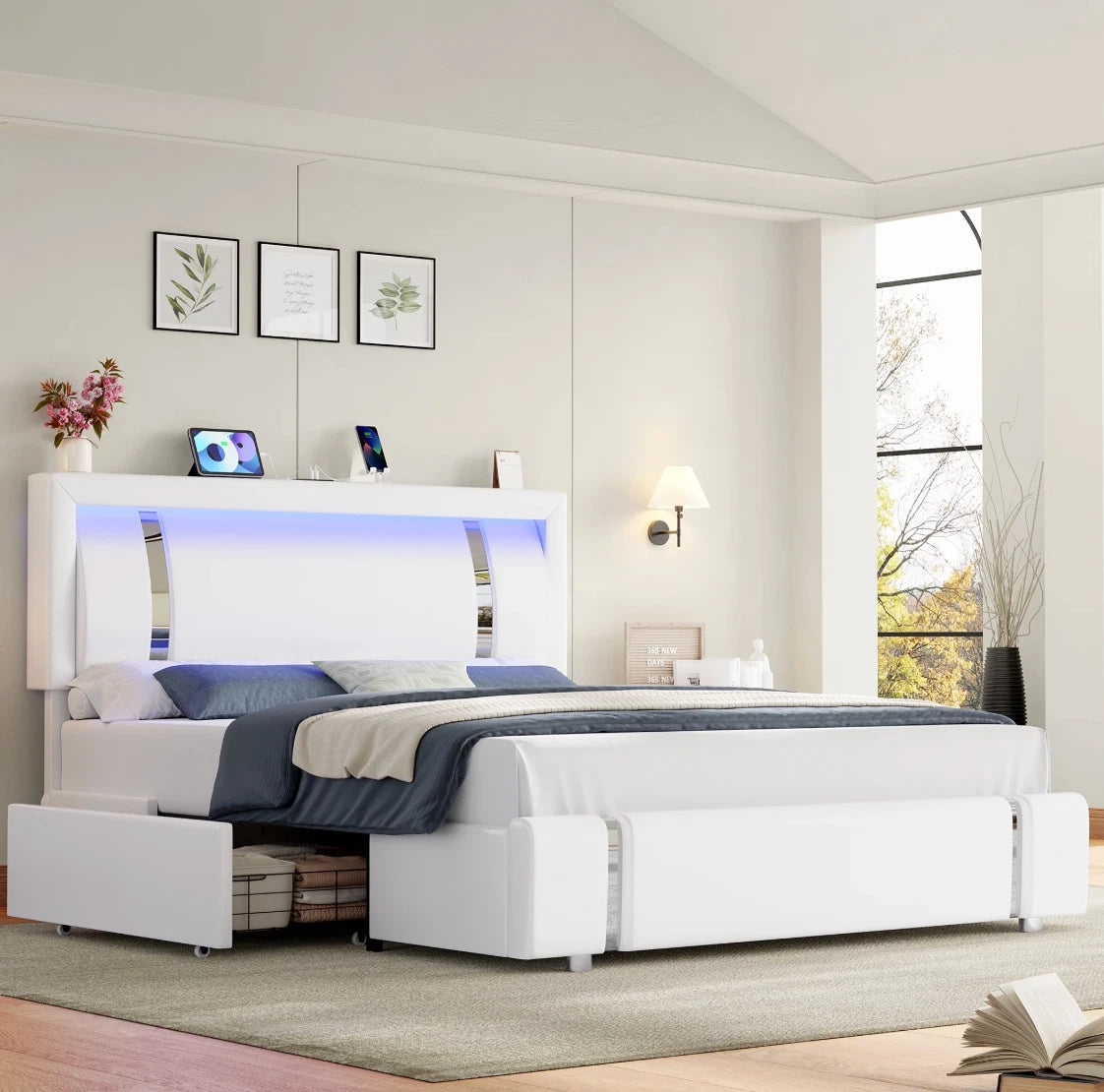 Marco De Cama Plataforma Tapizada en PU Piel Cama LED Cabecera King Size Blanca