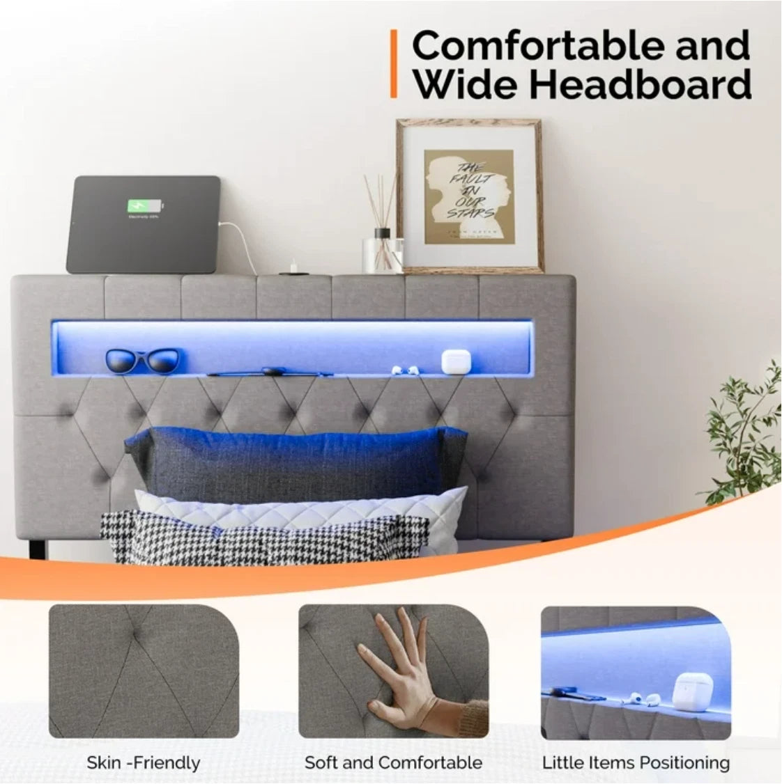 Twin Floating Bed Frame w/ LED Cama Twin con Luz LED Plataforma Gris NEW