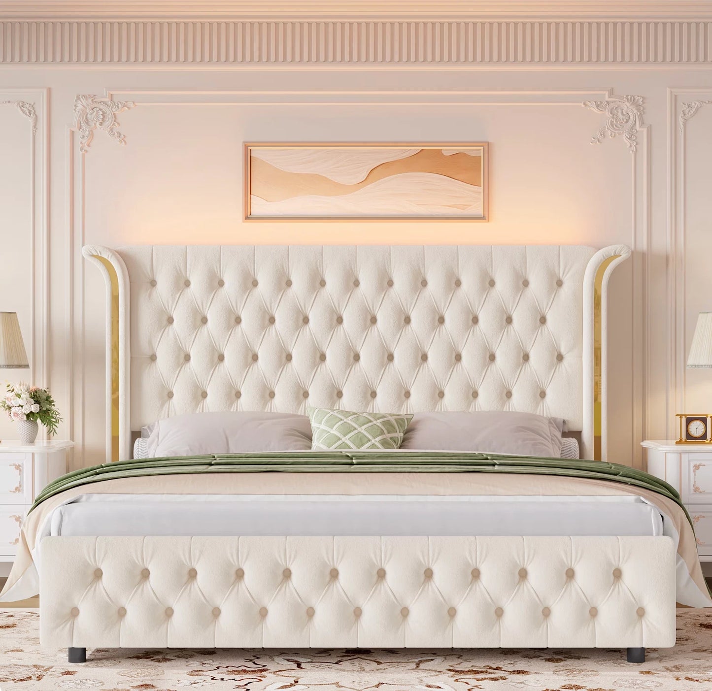 Marco De Cama King Size Plataforma Tapizada en Terciopelo Cama Cabecera LED