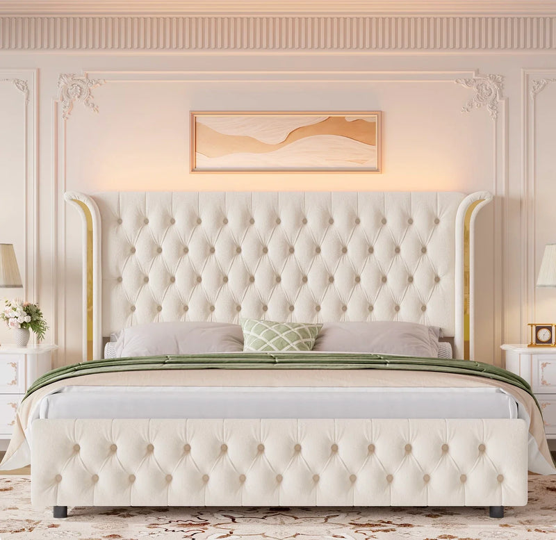 Marco De Cama King Size Plataforma Tapizada en Terciopelo Cama Cabecera LED