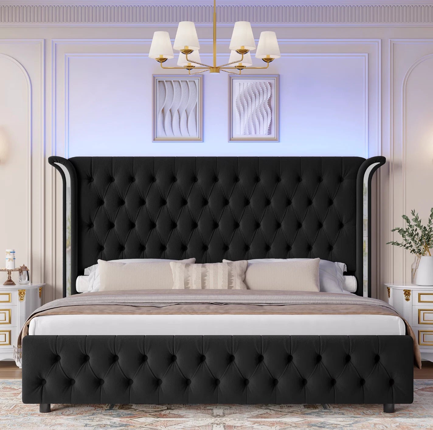 Marco De Cama King Size Plataforma Tapizada en Terciopelo Cama Cabecera LED