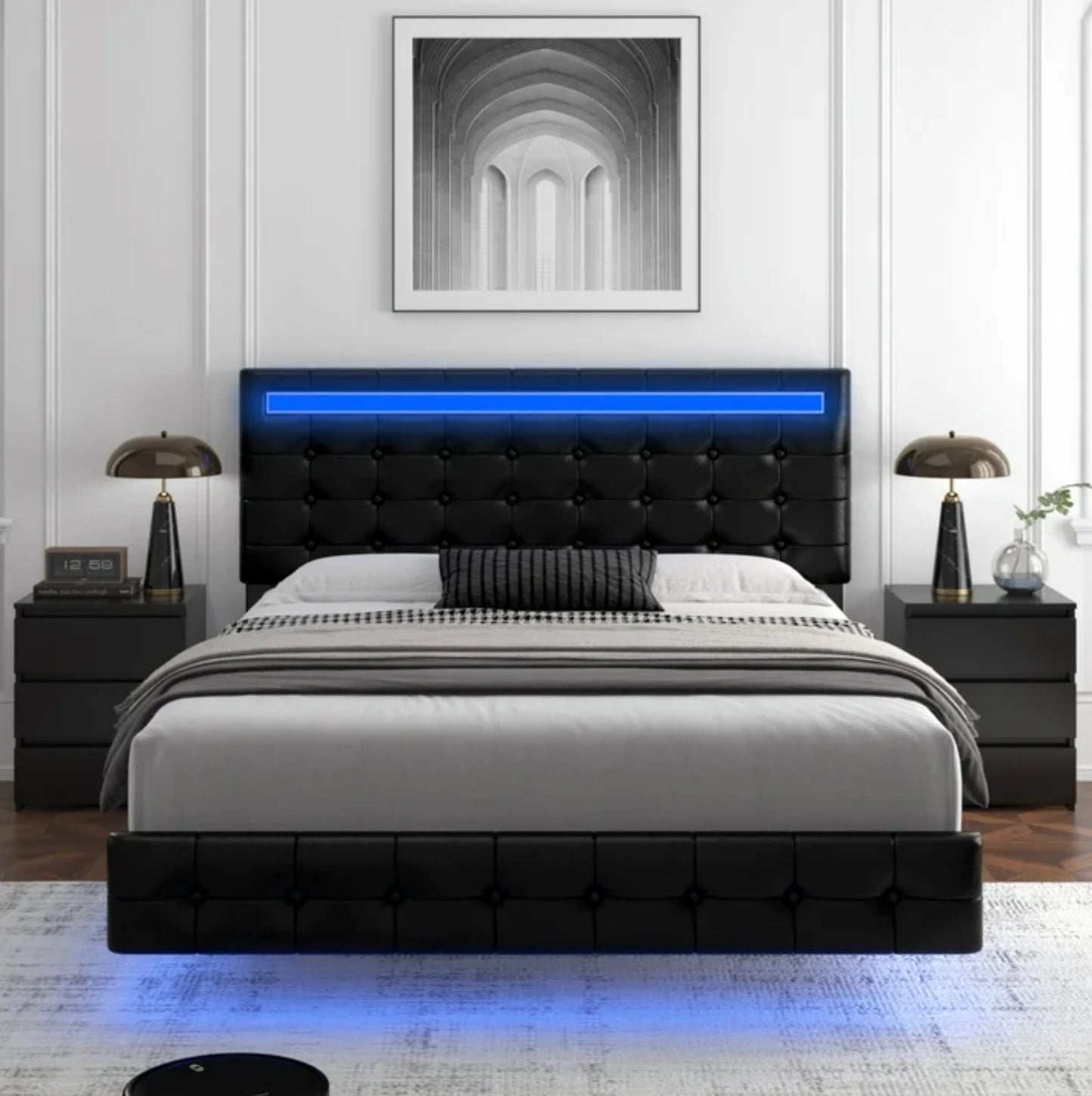 Marco De Cama Plataforma Tapizada en PU Piel Cama KING Size Cabecera LED Black