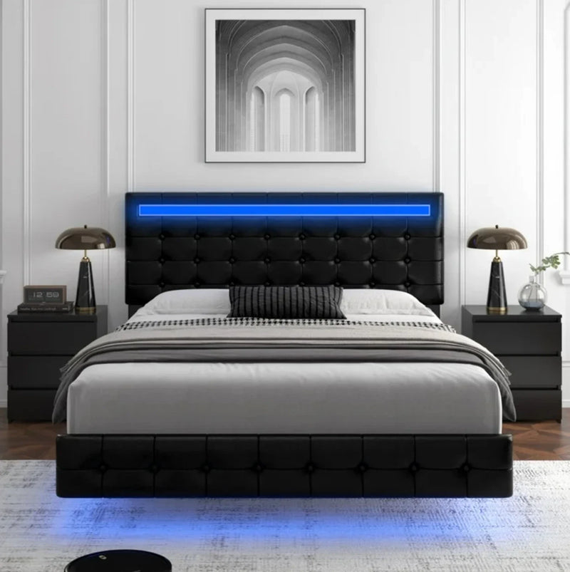 Marco De Cama Plataforma Tapizada en PU Piel Cama KING Size Cabecera LED Black