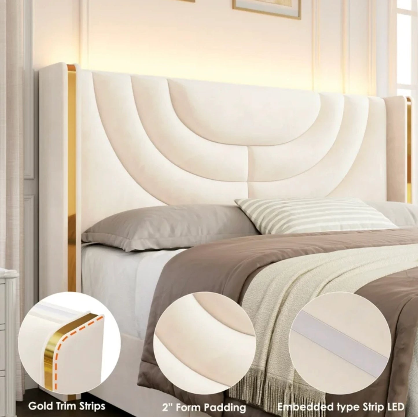 Marco De Cama Plataforma Tapizada en Terciopelo Cama King Size Cabecera LED