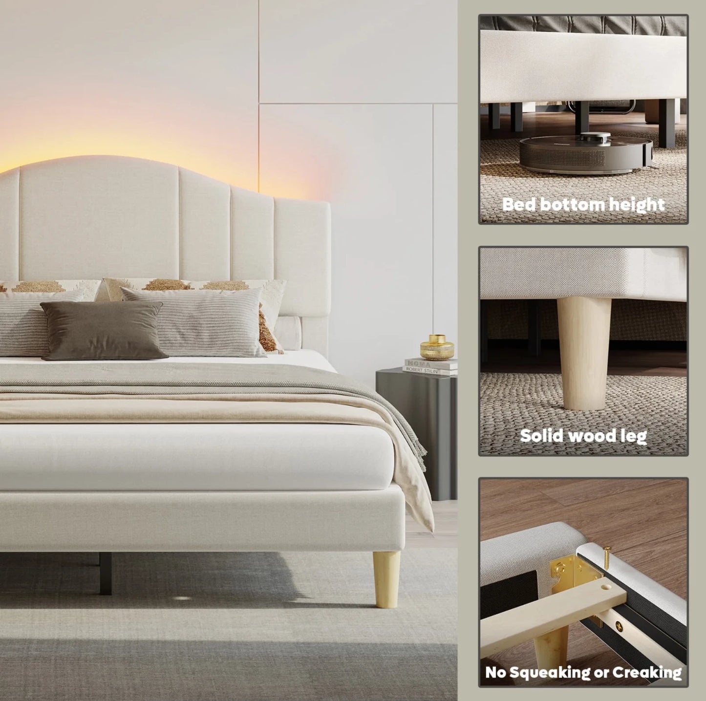 Marco De Cama Full Size Plataforma Tapizada en Terciopelo Cama Cabecera Beige
