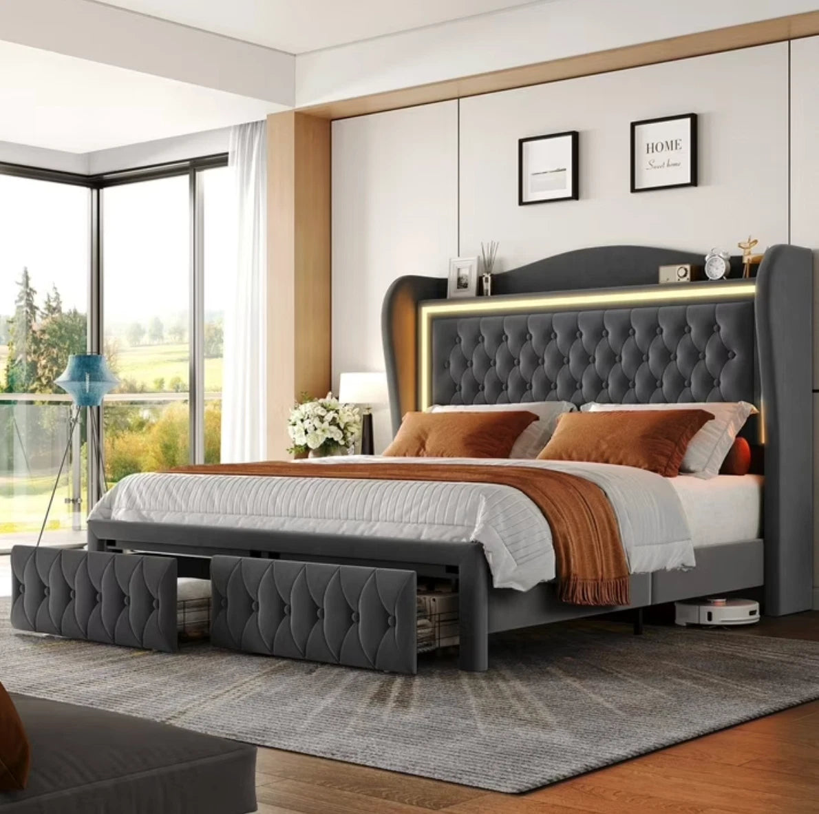 Marco De Cama Plataforma Con Almacenaje LED Luz Cabecera Queen Tapizada Velvet