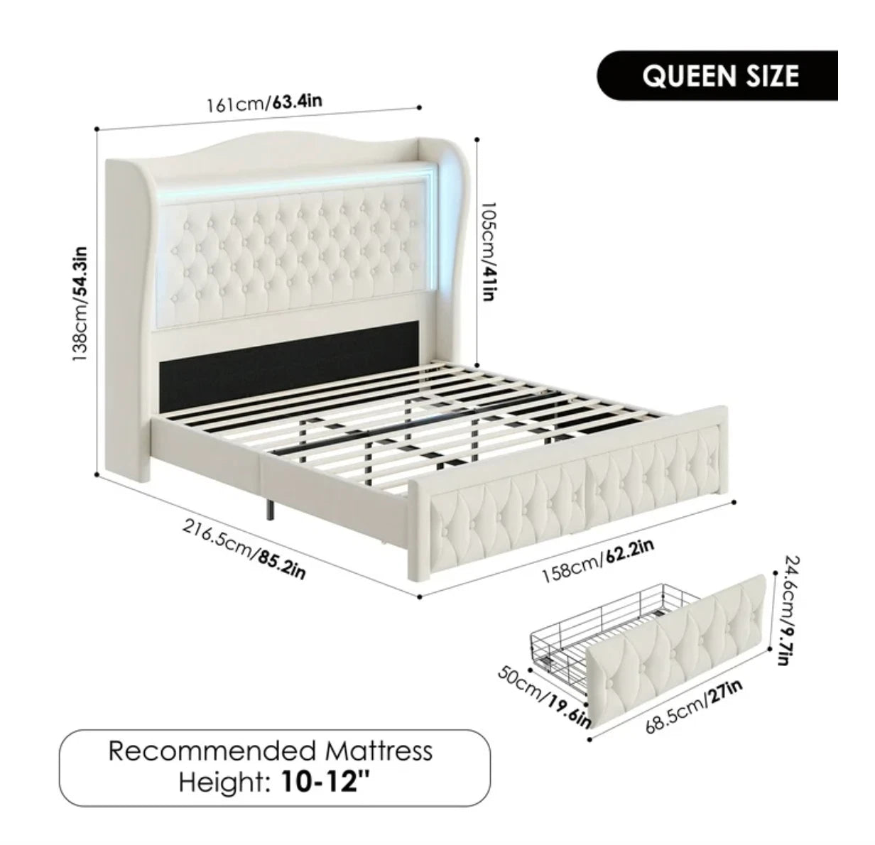 Marco De Cama Plataforma Con Almacenaje LED Luz Cabecera Tapizada Velvet Queen