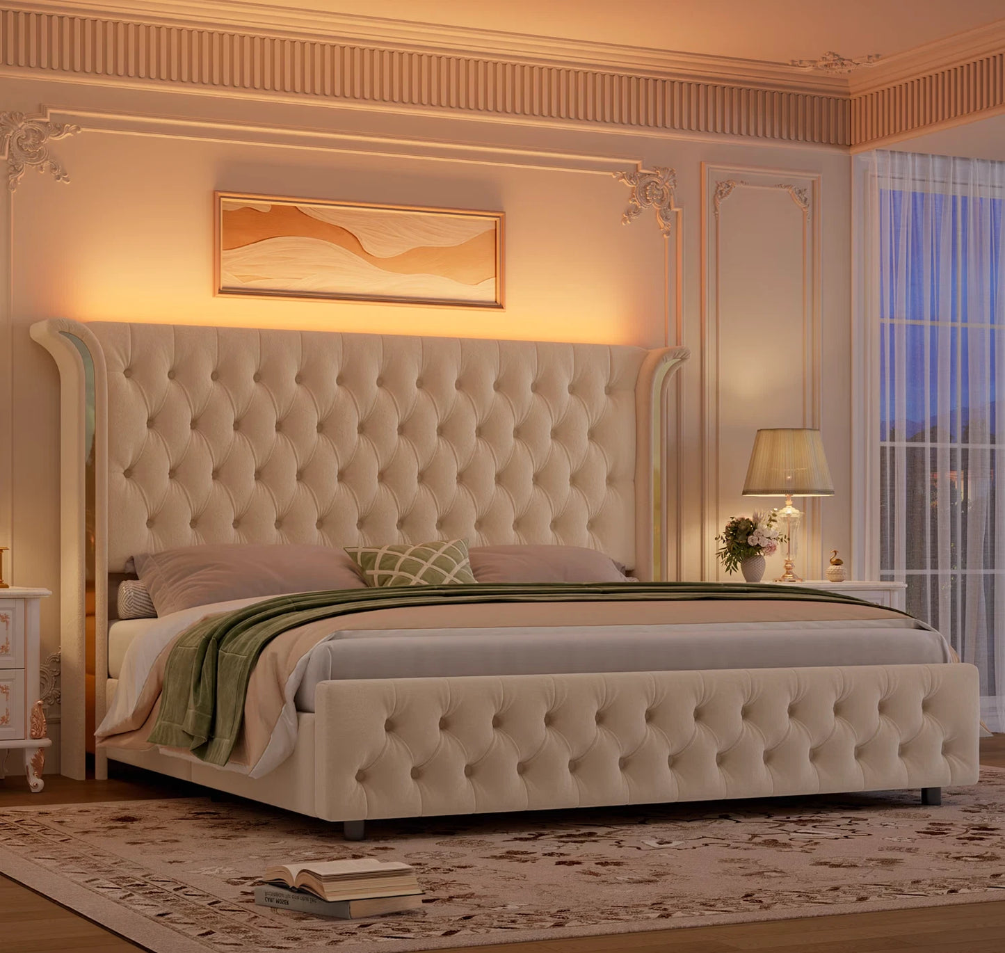 Marco De Cama King Size Plataforma Tapizada en Terciopelo Cama Cabecera LED