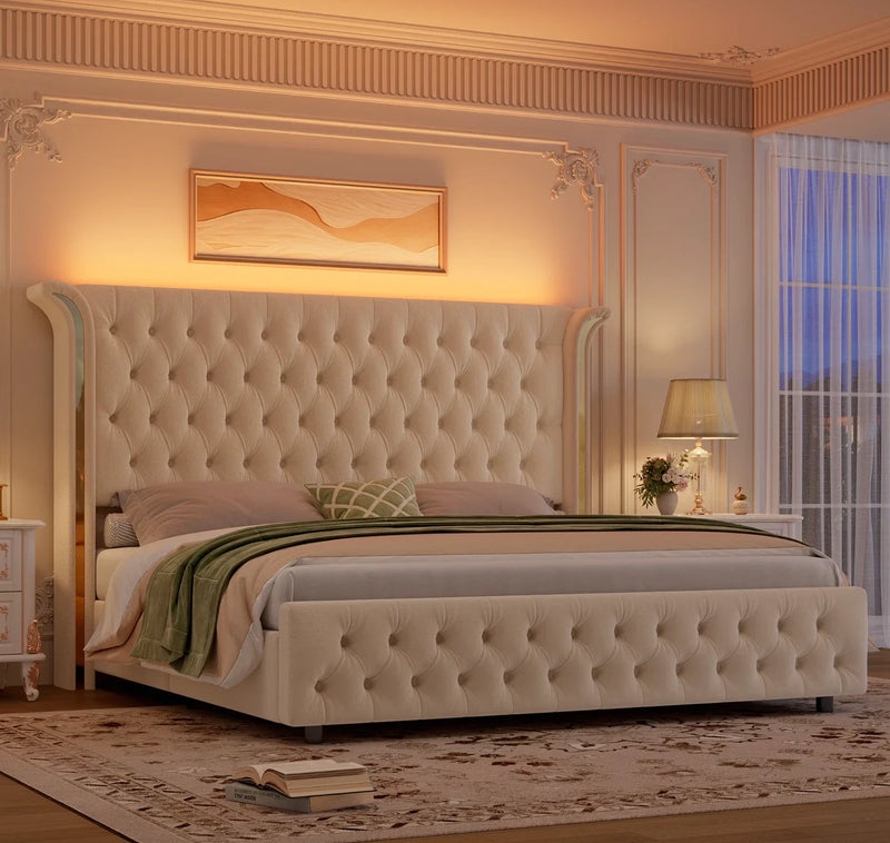Marco De Cama King Size Plataforma Tapizada en Terciopelo Cama Cabecera LED