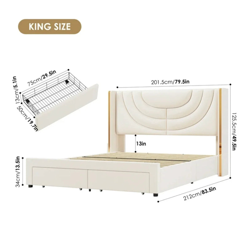 Marco De Cama Plataforma Tapizada en Terciopelo Cama King Size Cabecera LED