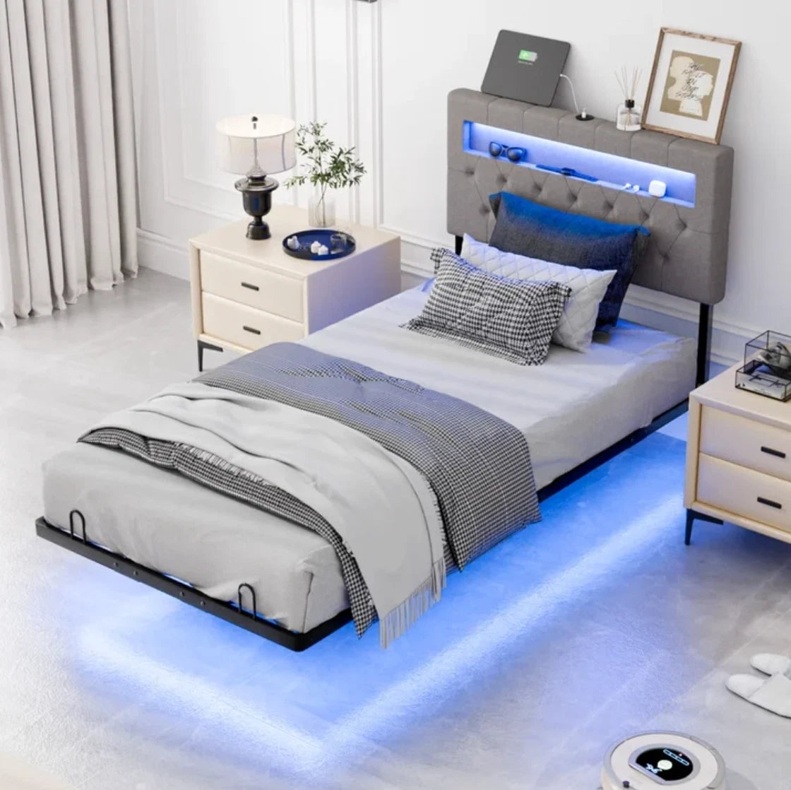 Twin Floating Bed Frame w/ LED Cama Twin con Luz LED Plataforma Gris NEW