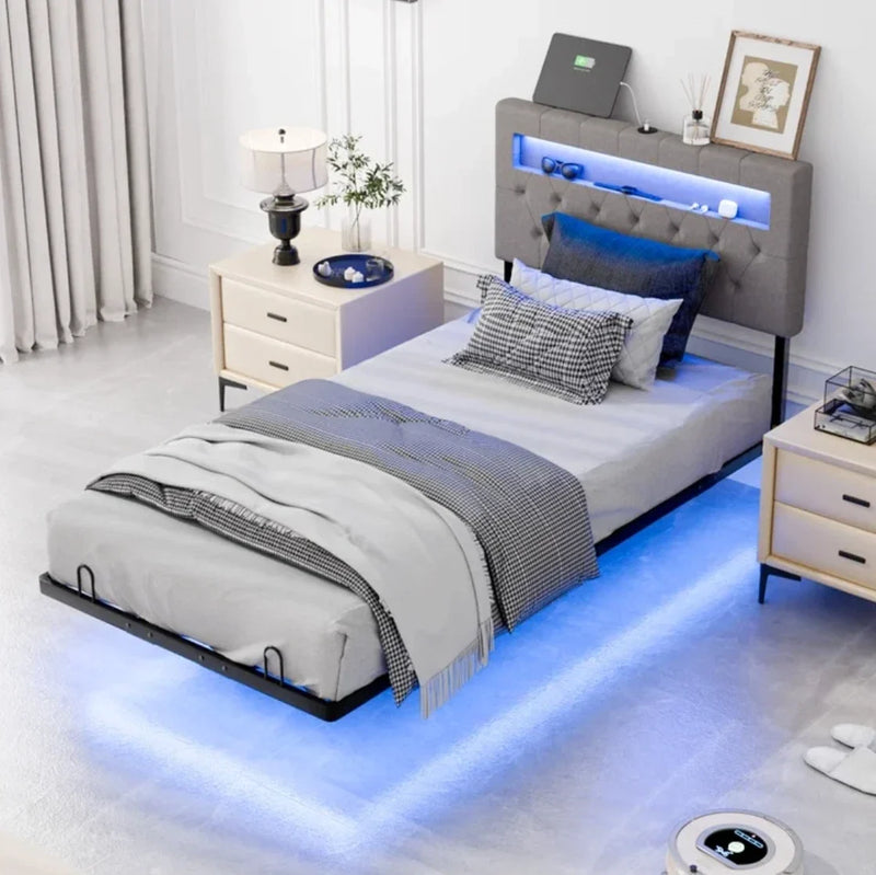 Twin Floating Bed Frame w/ LED Cama Twin con Luz LED Plataforma Gris NEW