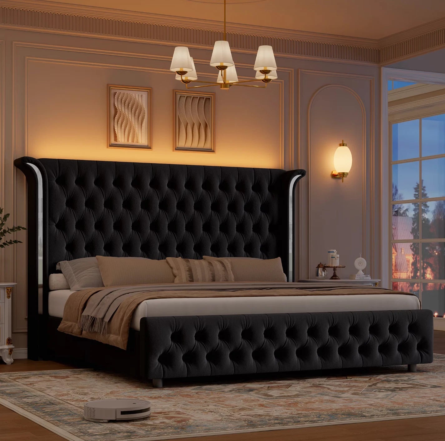 Marco De Cama King Size Plataforma Tapizada en Terciopelo Cama Cabecera LED