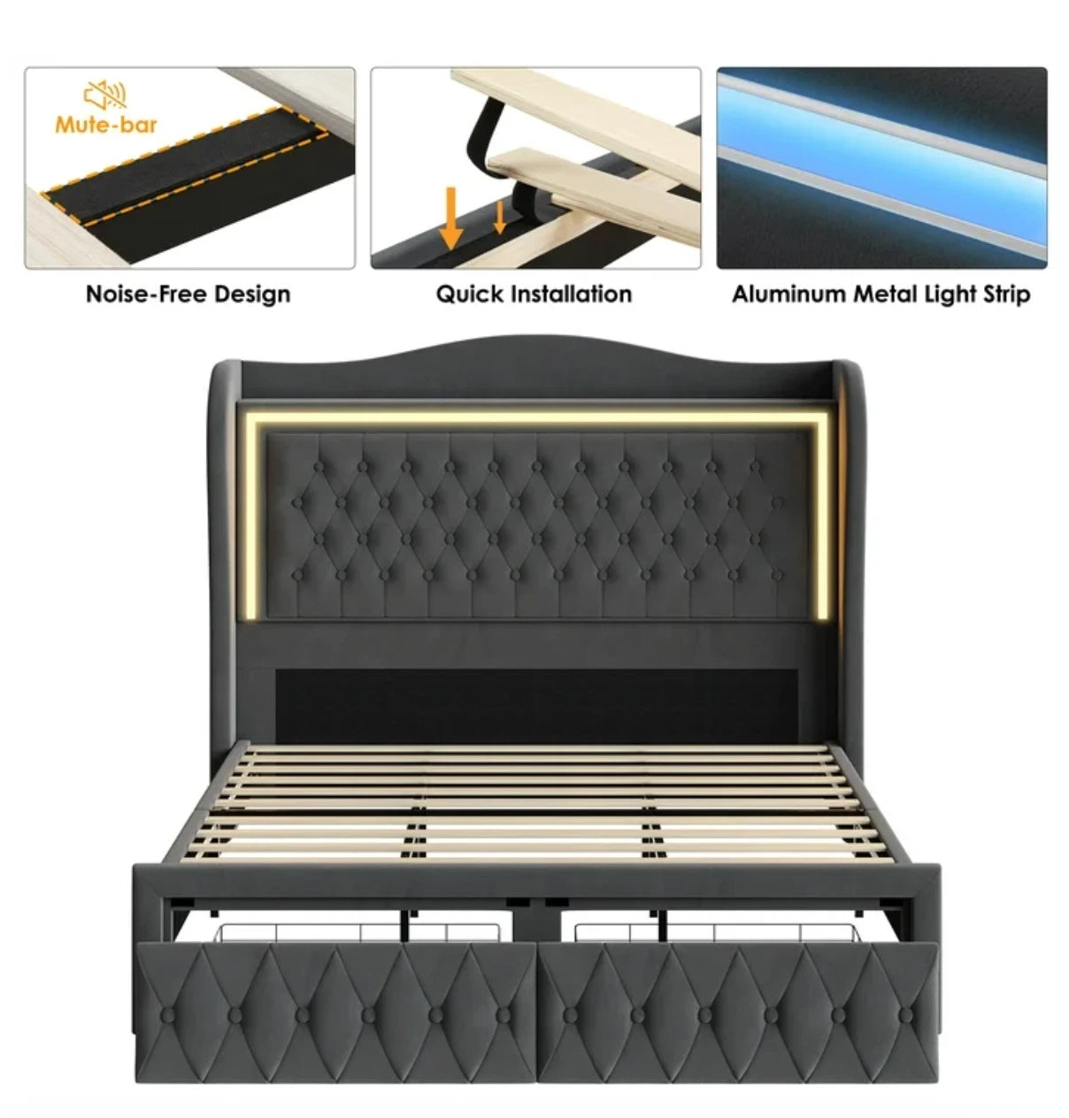 Marco De Cama Plataforma Con Almacenaje LED Luz Cabecera Queen Tapizada Velvet