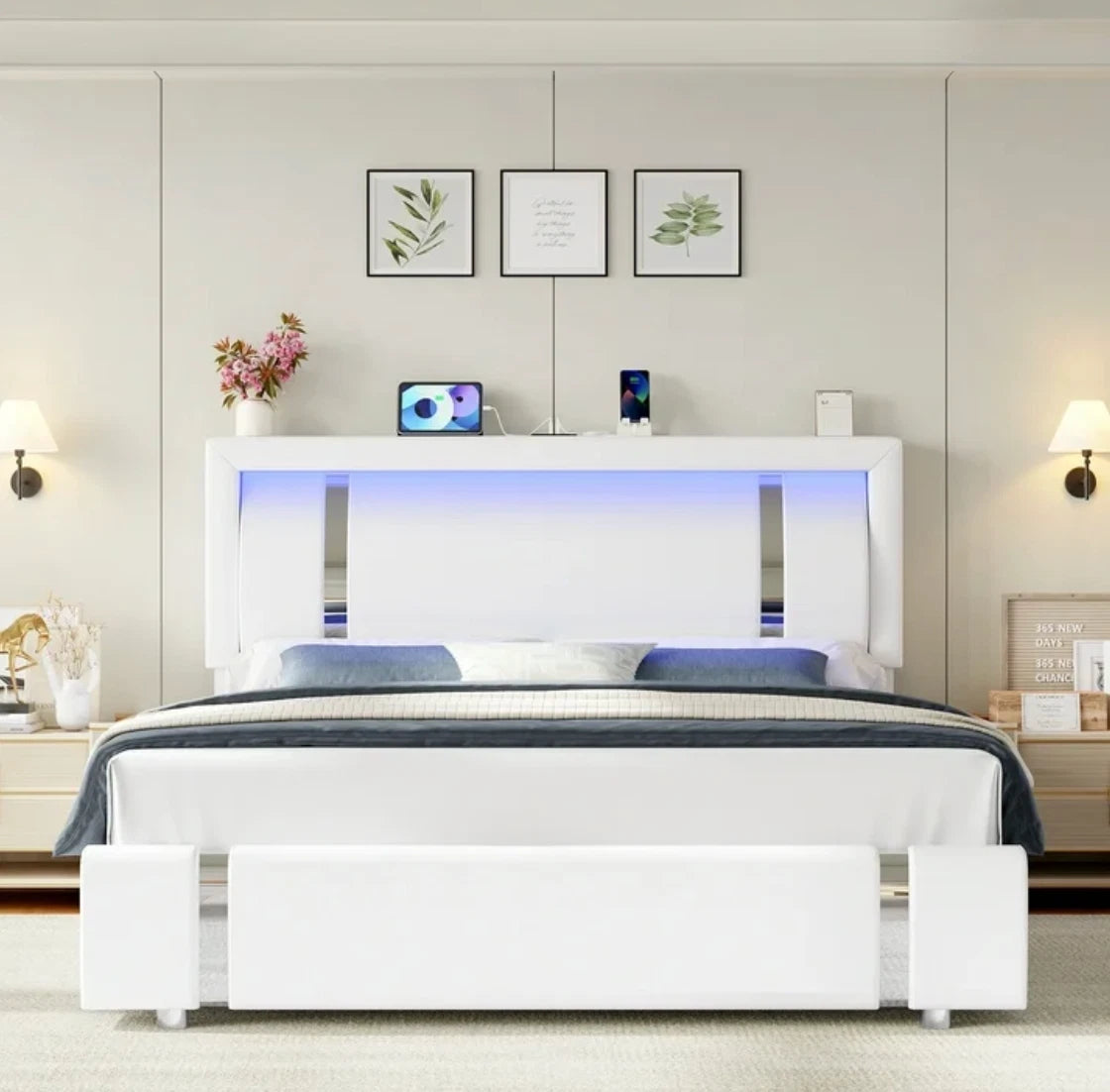 Marco De Cama Plataforma Tapizada en PU Piel Cama LED Cabecera King Size Blanca
