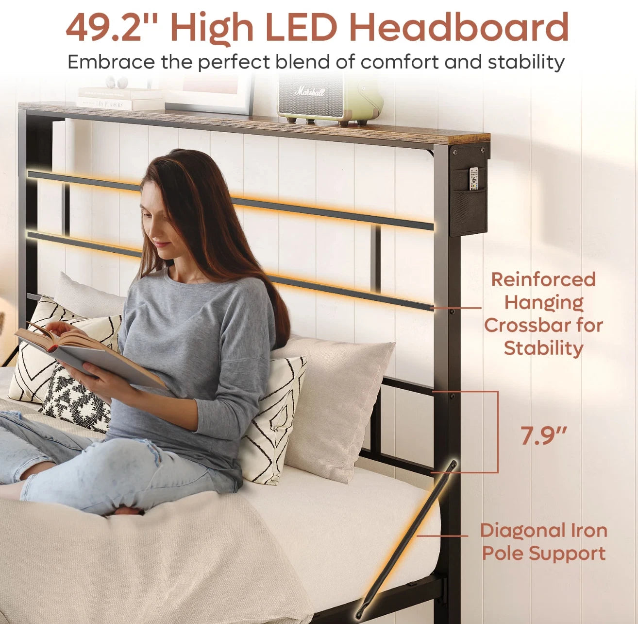 Marco De Cama Base Plataforma de Metal Cabecera LED Storage Habitacion FULL Size