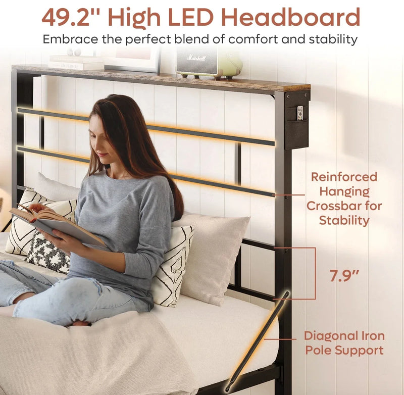Marco De Cama Base Plataforma de Metal Cabecera LED Storage Habitacion FULL Size