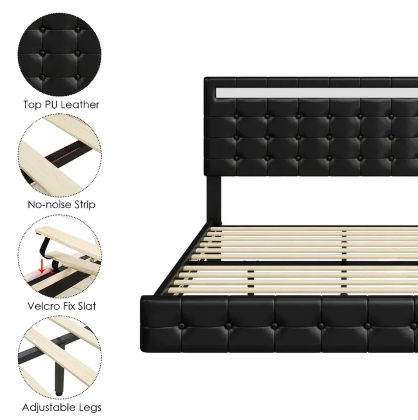 Marco De Cama Plataforma Tapizada en PU Piel Cama KING Size Cabecera LED Black