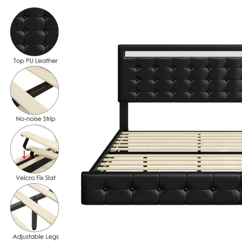 Marco De Cama Plataforma Tapizada en PU Piel Cama KING Size Cabecera LED Black