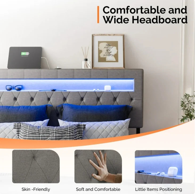 Full Floating Bed Frame w/ LED Cama Full con Plataforma Gris con Luz LED