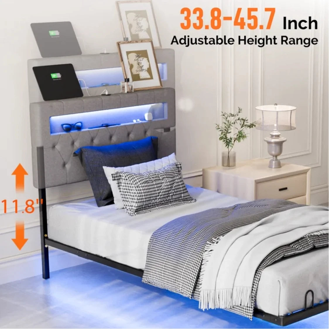Twin Floating Bed Frame w/ LED Cama Twin con Luz LED Plataforma Gris NEW
