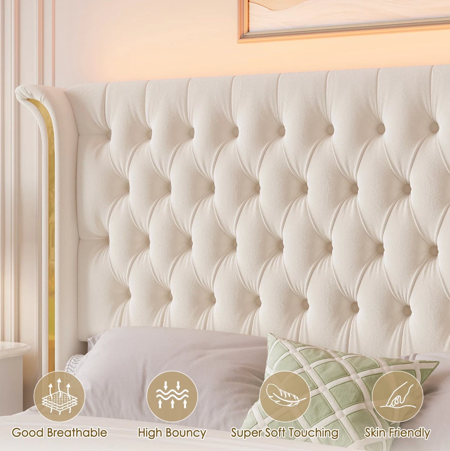 Marco De Cama King Size Plataforma Tapizada en Terciopelo Cama Cabecera LED