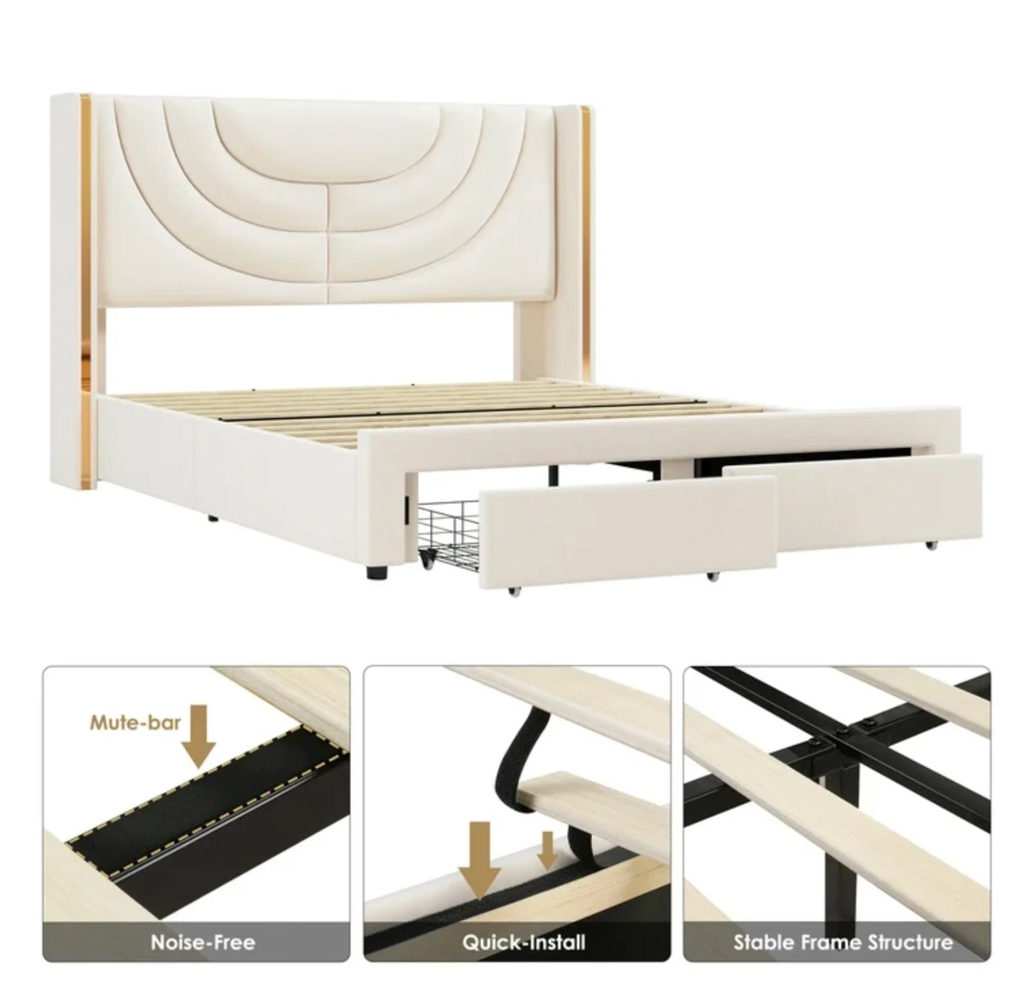 Marco De Cama Plataforma Tapizada en Terciopelo Cama King Size Cabecera LED