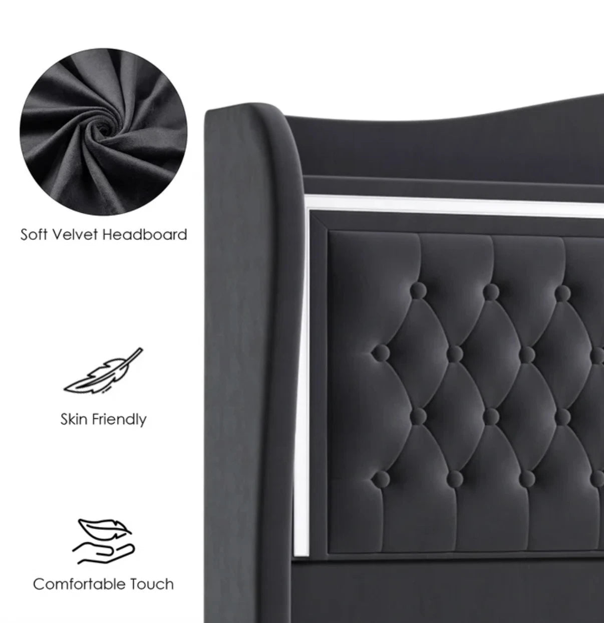 Marco De Cama Plataforma Con Almacenaje LED Luz Cabecera Queen Tapizada Velvet