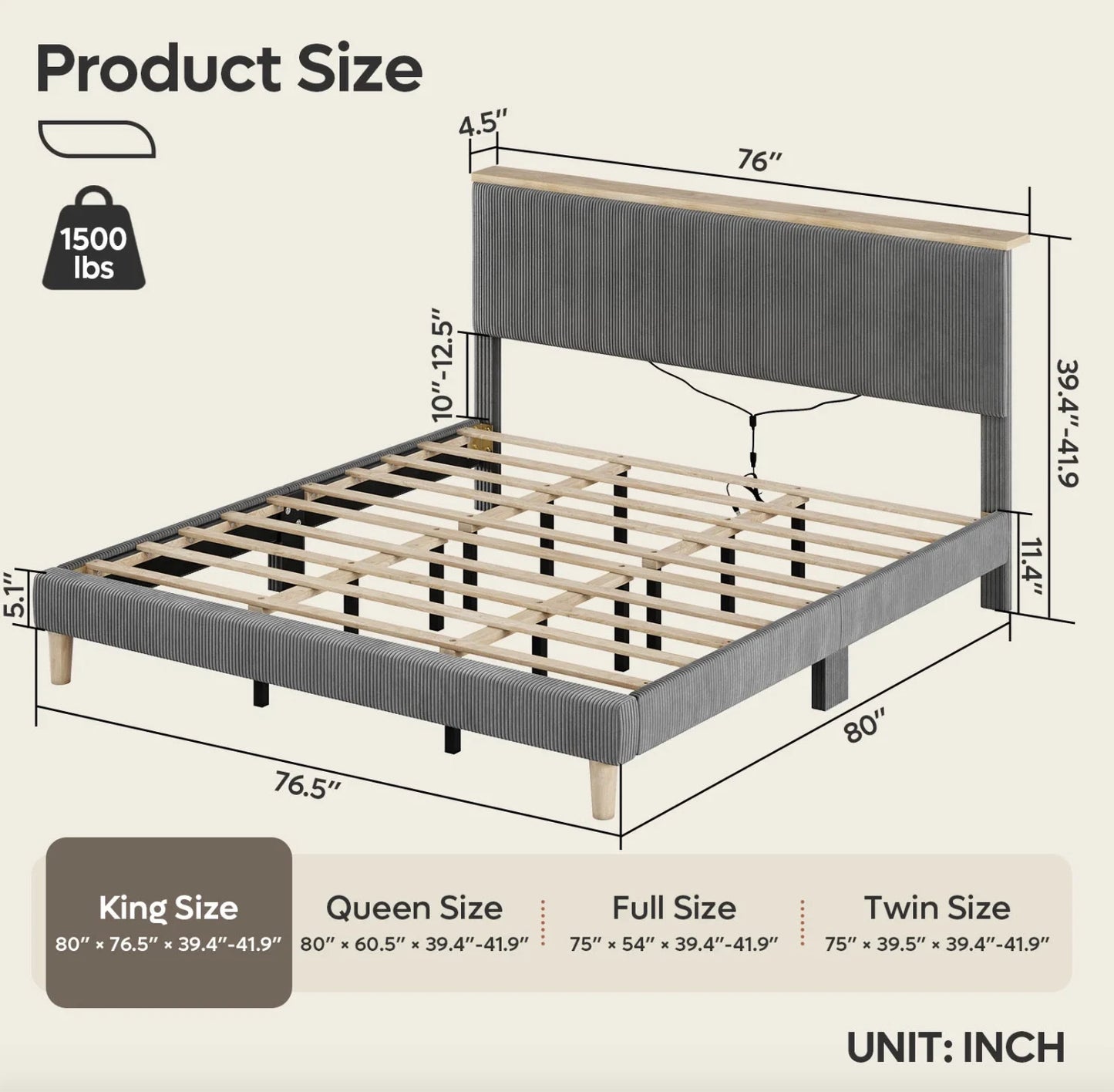 Cama King LED Tapizada Plataforma Storage Adjustable King Size Bed Frame