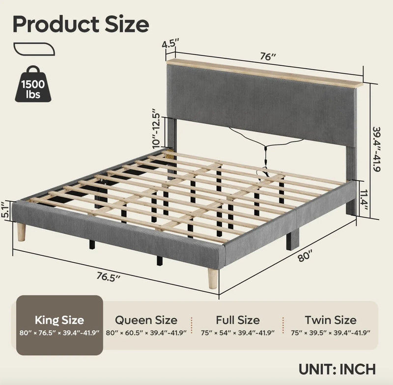 Cama King LED Tapizada Plataforma Storage Adjustable King Size Bed Frame