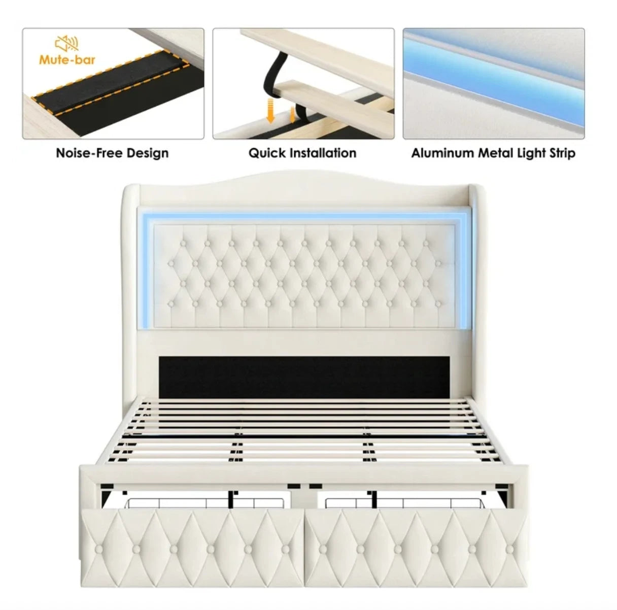 Marco De Cama Plataforma Con Almacenaje LED Luz Cabecera Tapizada Velvet Queen