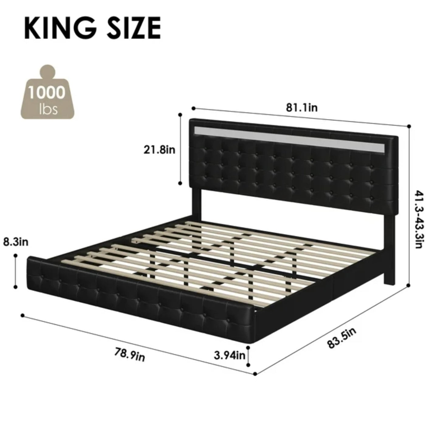 Marco De Cama Plataforma Tapizada en PU Piel Cama KING Size Cabecera LED Black