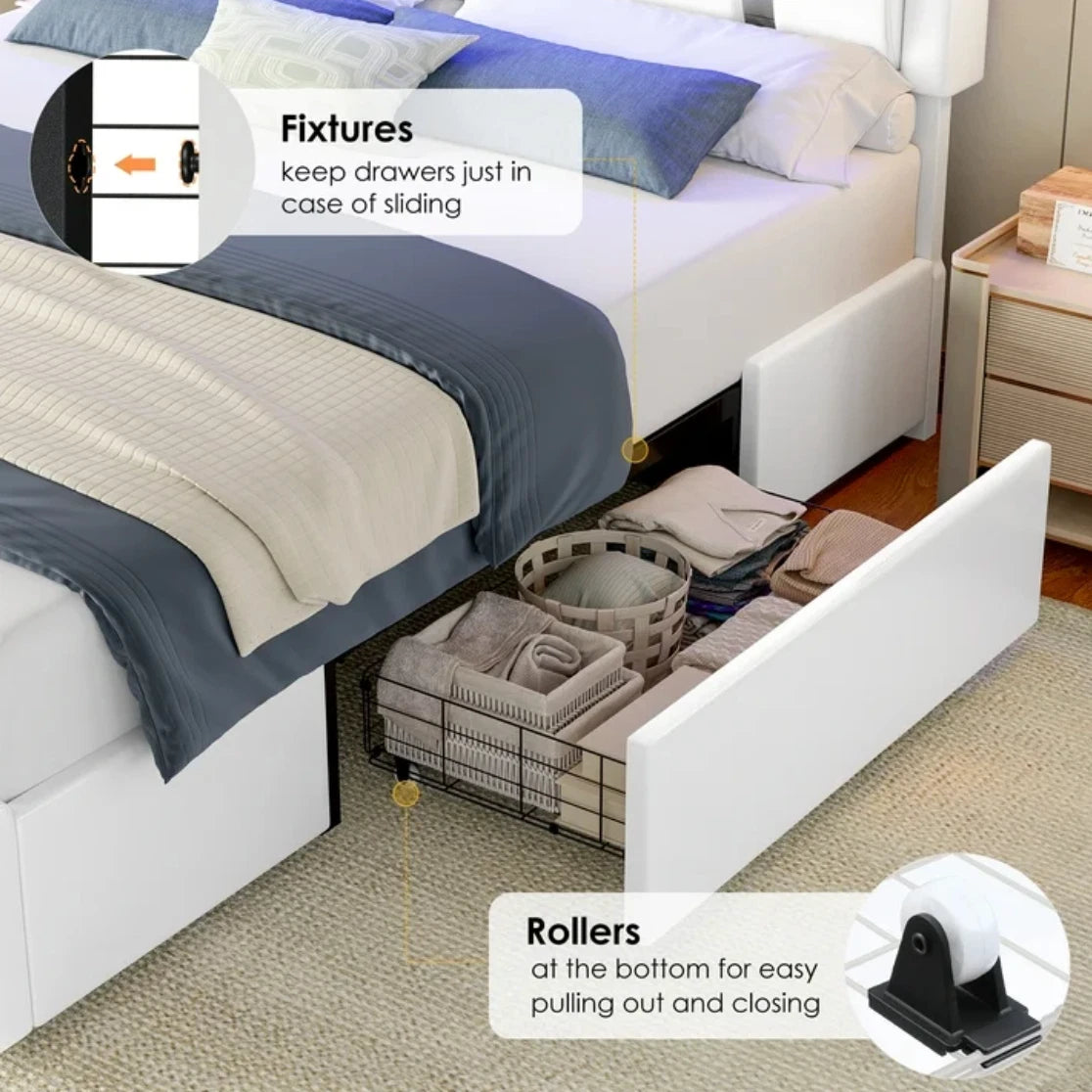 Marco De Cama Plataforma Tapizada en PU Piel Cama LED Cabecera King Size Blanca