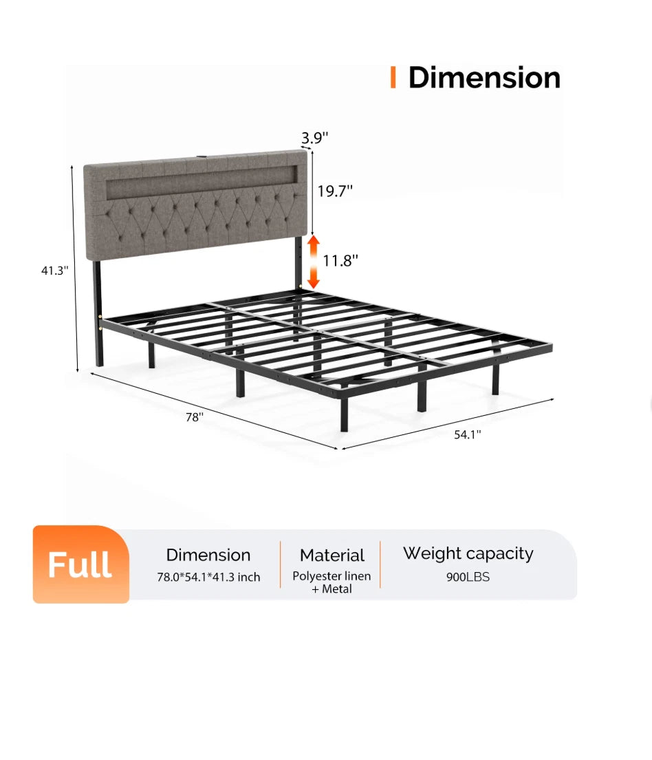 Full Floating Bed Frame w/ LED Cama Full con Plataforma Gris con Luz LED