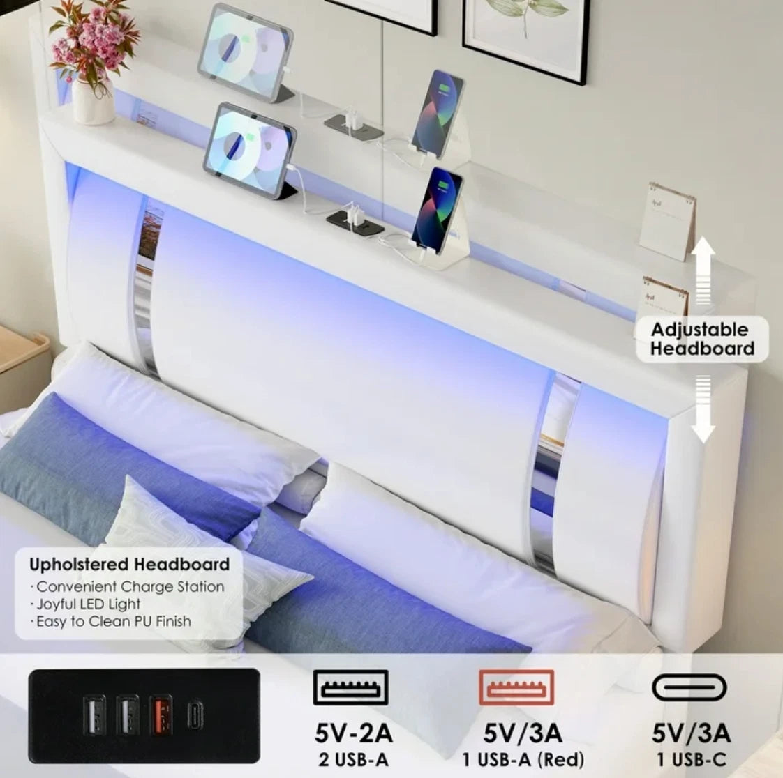 Marco De Cama Plataforma Tapizada en PU Piel Cama LED Cabecera King Size Blanca
