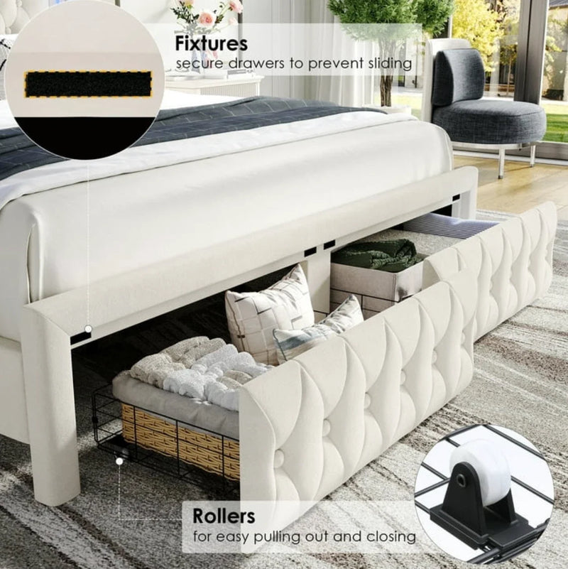 Marco De Cama Plataforma Con Almacenaje LED Luz Cabecera Tapizada Velvet Queen