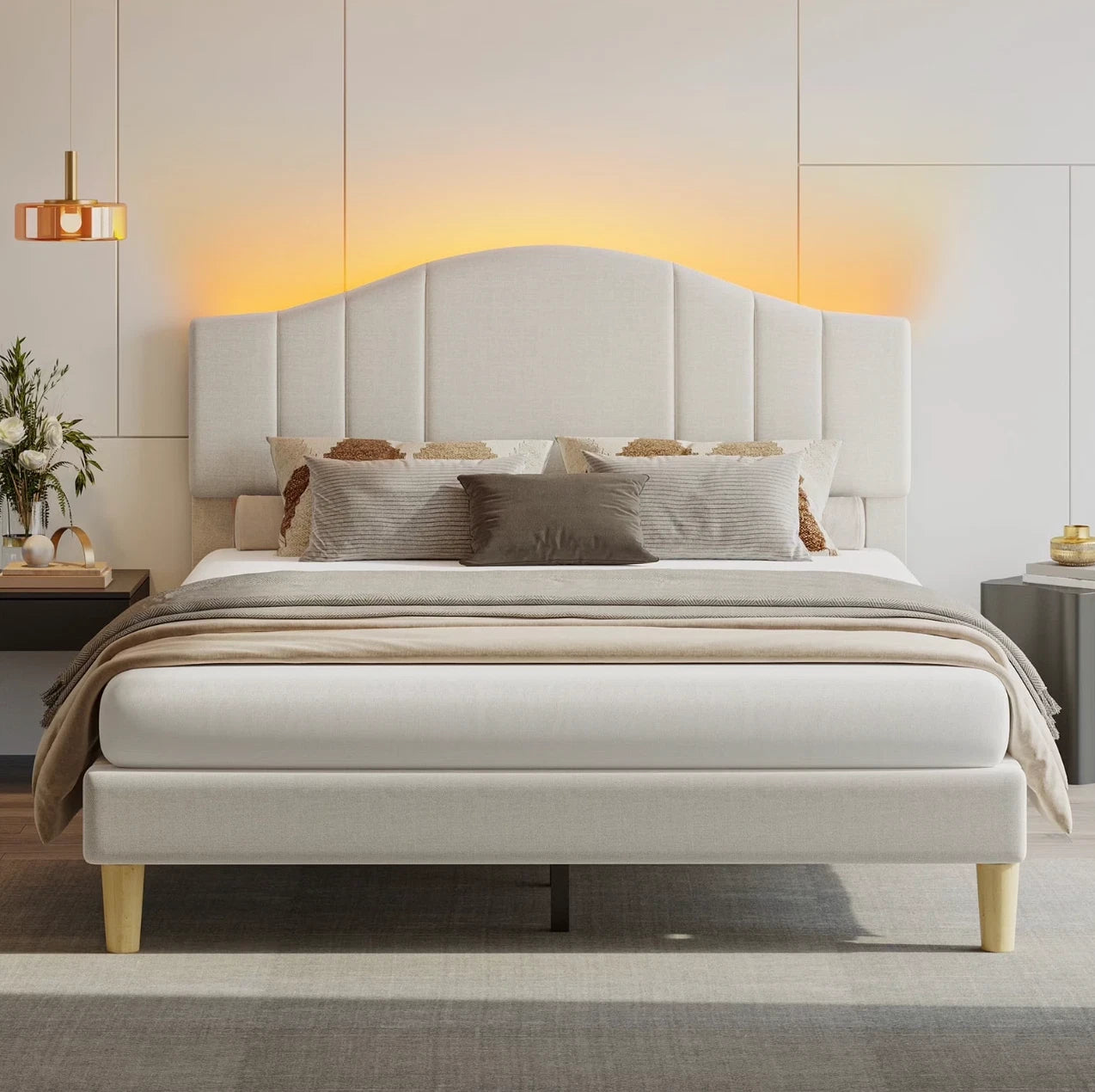 Marco De Cama Full Size Plataforma Tapizada en Terciopelo Cama Cabecera Beige