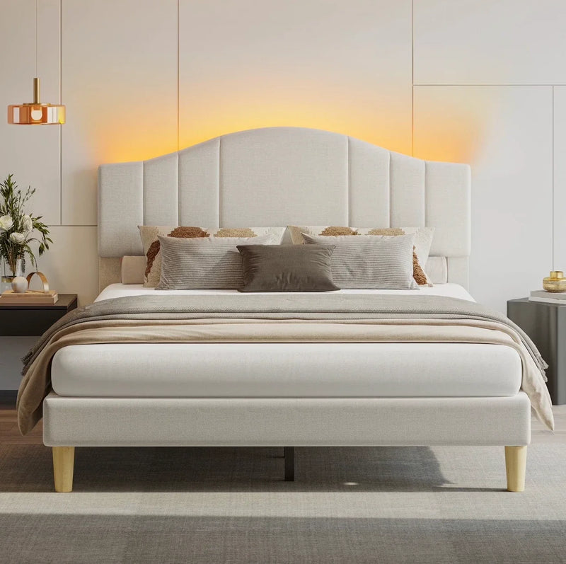 Marco De Cama Full Size Plataforma Tapizada en Terciopelo Cama Cabecera Beige